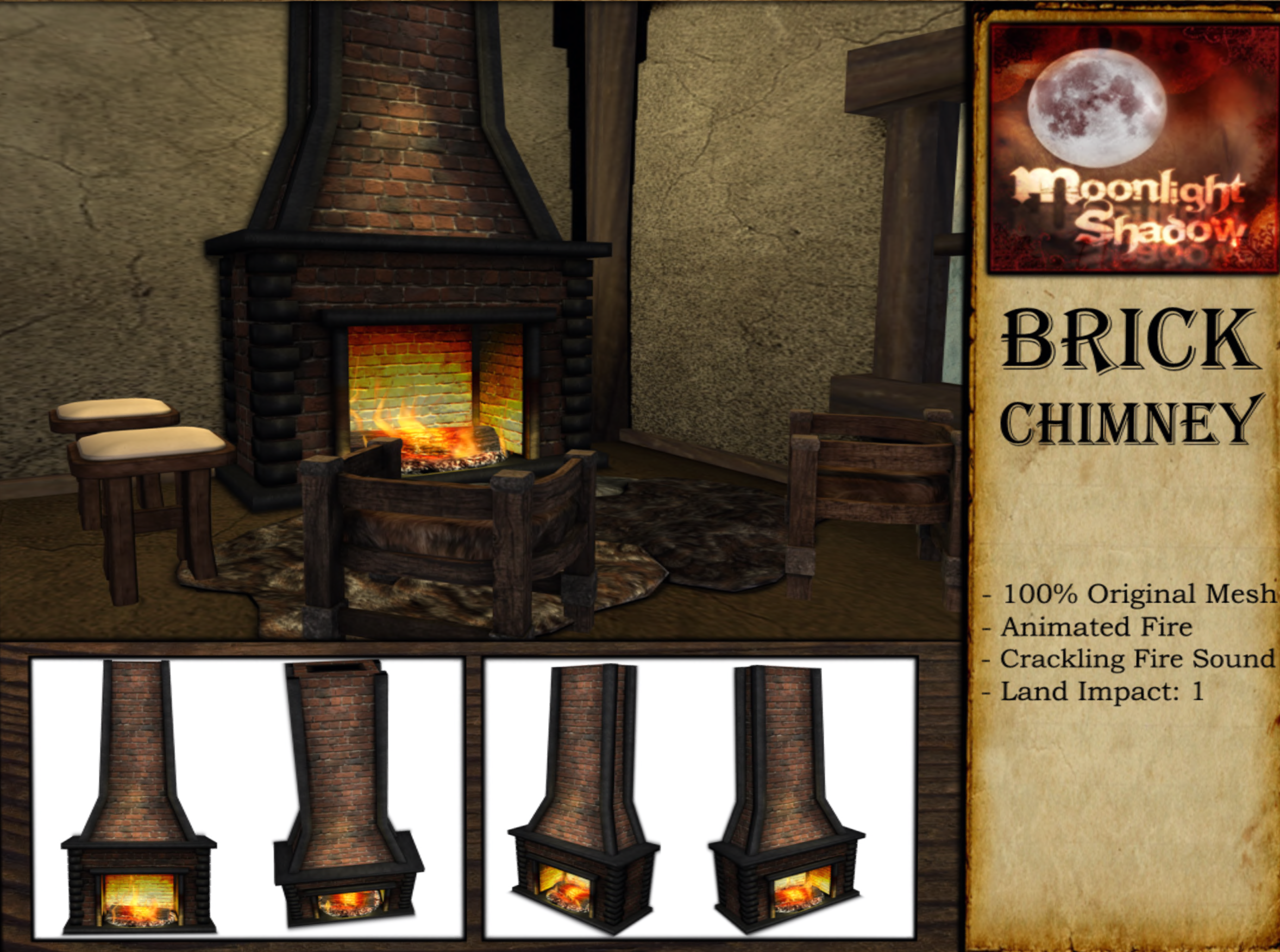 Moonlight Shadow – Brick Chimney, Stone Chimney, and Long Fireplace