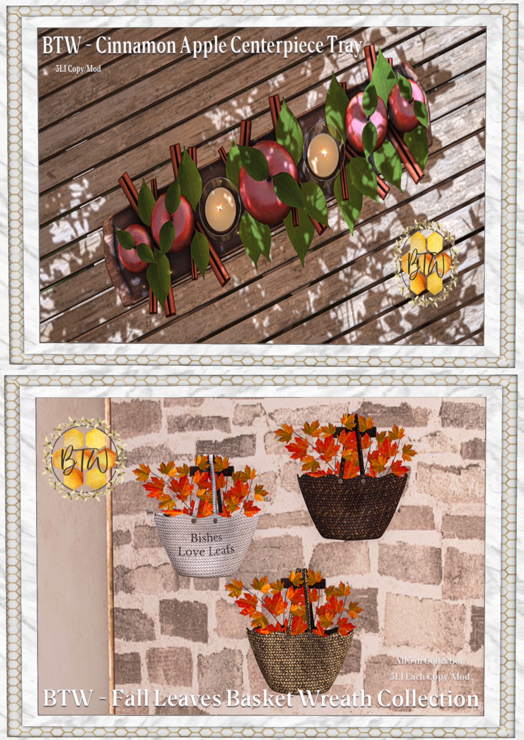 BTW – Cinnamon Apple Centerpiece Tray and Fall Leaves Basket Wreath Collection