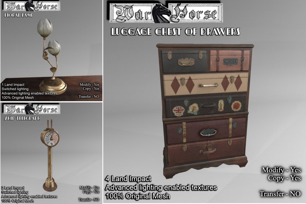 WarHorse – Floral Lamp/Ship Telegraph/Luggage Chest of Drawers