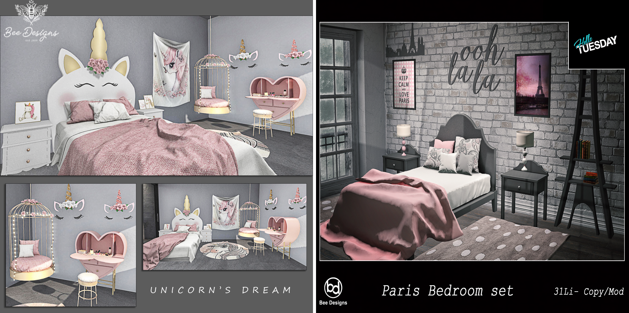 Bee Designs – Unicorn’s Dream & Paris Bedroom