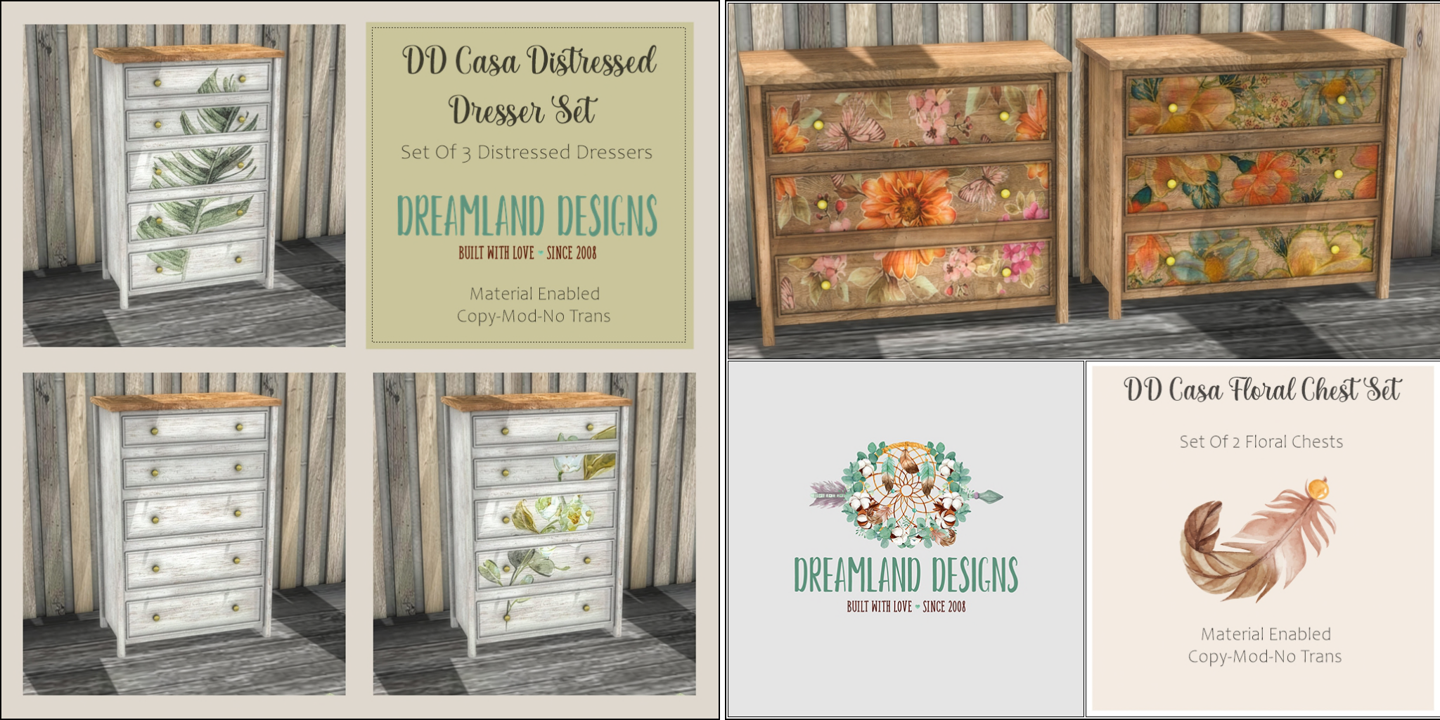 Dreamland Designs – Casa Distressed Dresser Set & Casa Floral Chest Set
