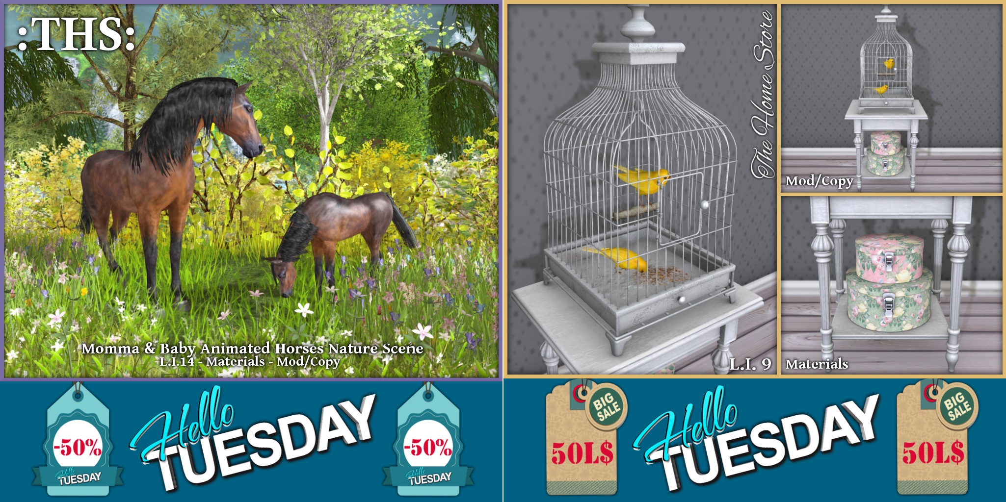 The Home Store – Momma & Baby Animated Horses Nature Scene & Vintage Birdcage with Canaries