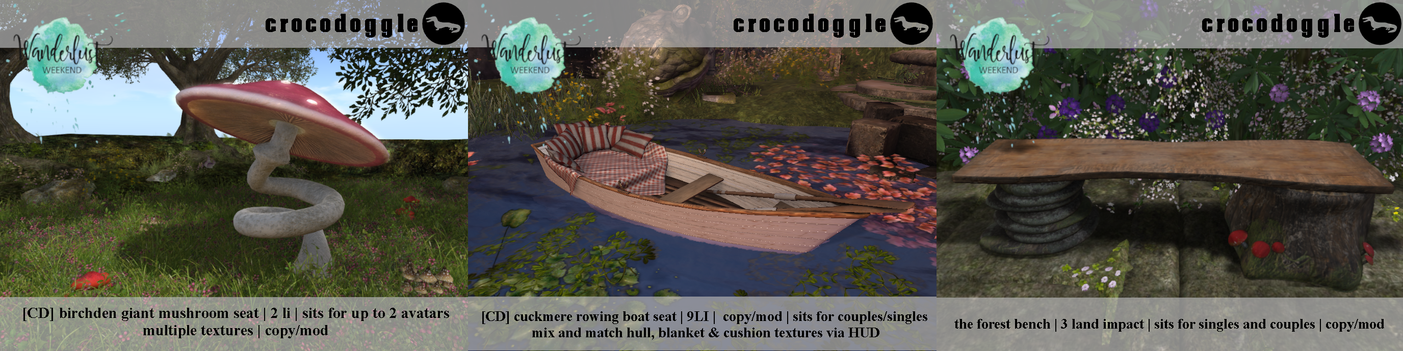 Crocodoggle – Birchden Giant Mushroom Seat, Cuckmere Rowing Boat Seat, & Forest Bench