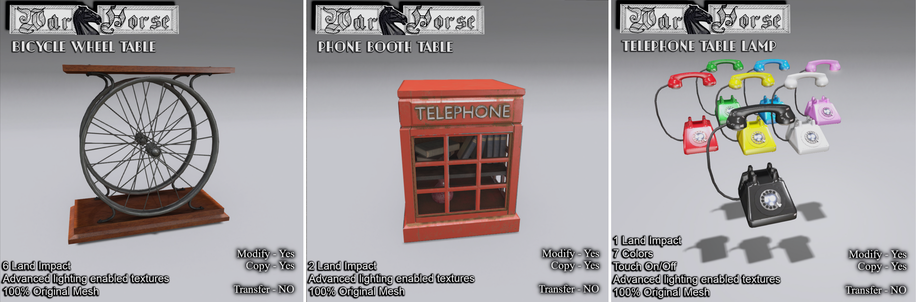 Warhorse – Bicycle Wheel Table, Phone Booth Table, & Telephone Table Lamp