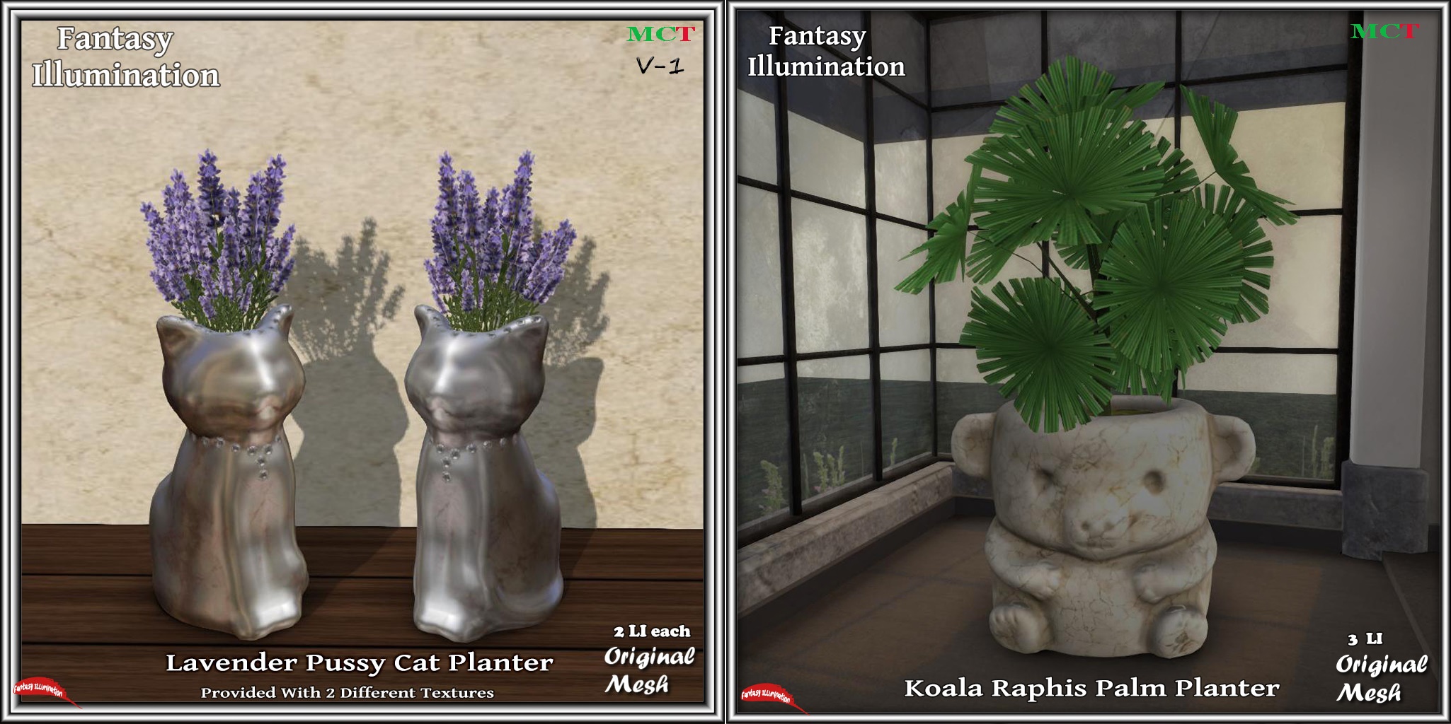 Fantasy Illumination – Lavender Pussy Cat Planter & Koala Raphis Palm Planter