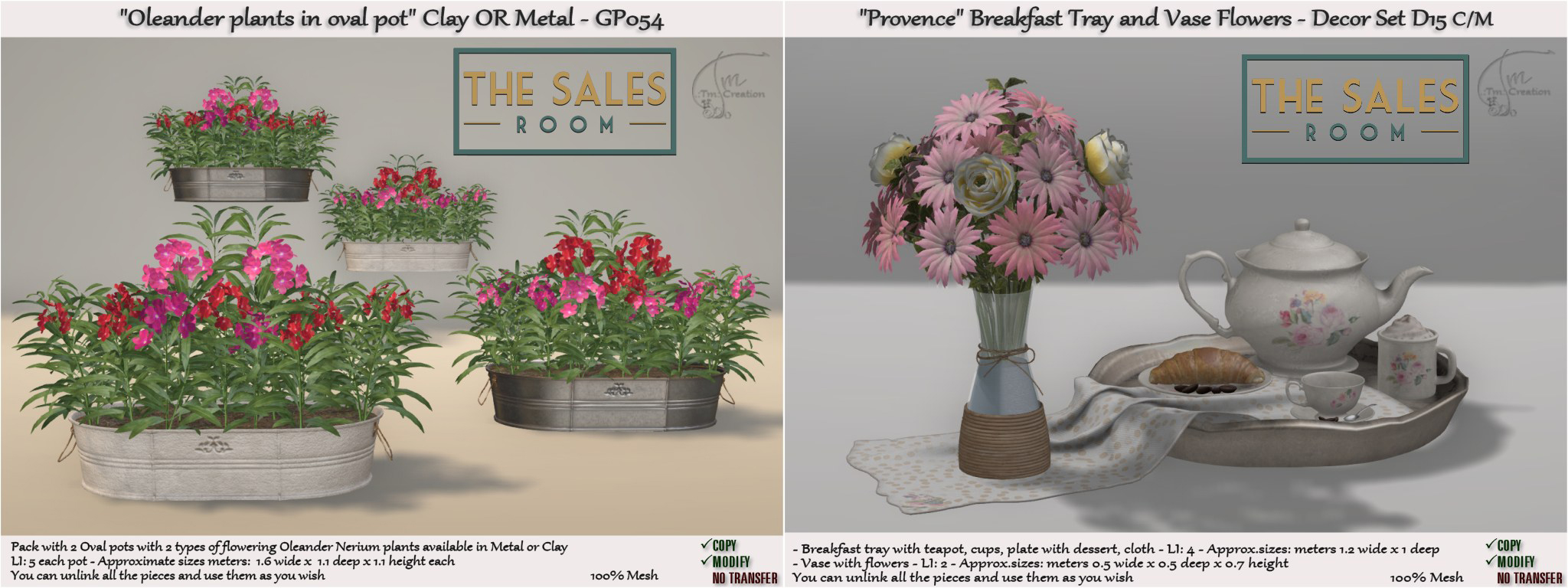 TM Creation – “Provence” Breakfast Tray, Vase Flowers and “Oleander Plants In Oval Pot”