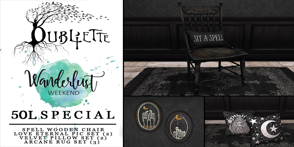 Oubliette – Spell Wooden Chair, Love Eternal Set, Velvet Pillow Set, & Arcane Rug Set