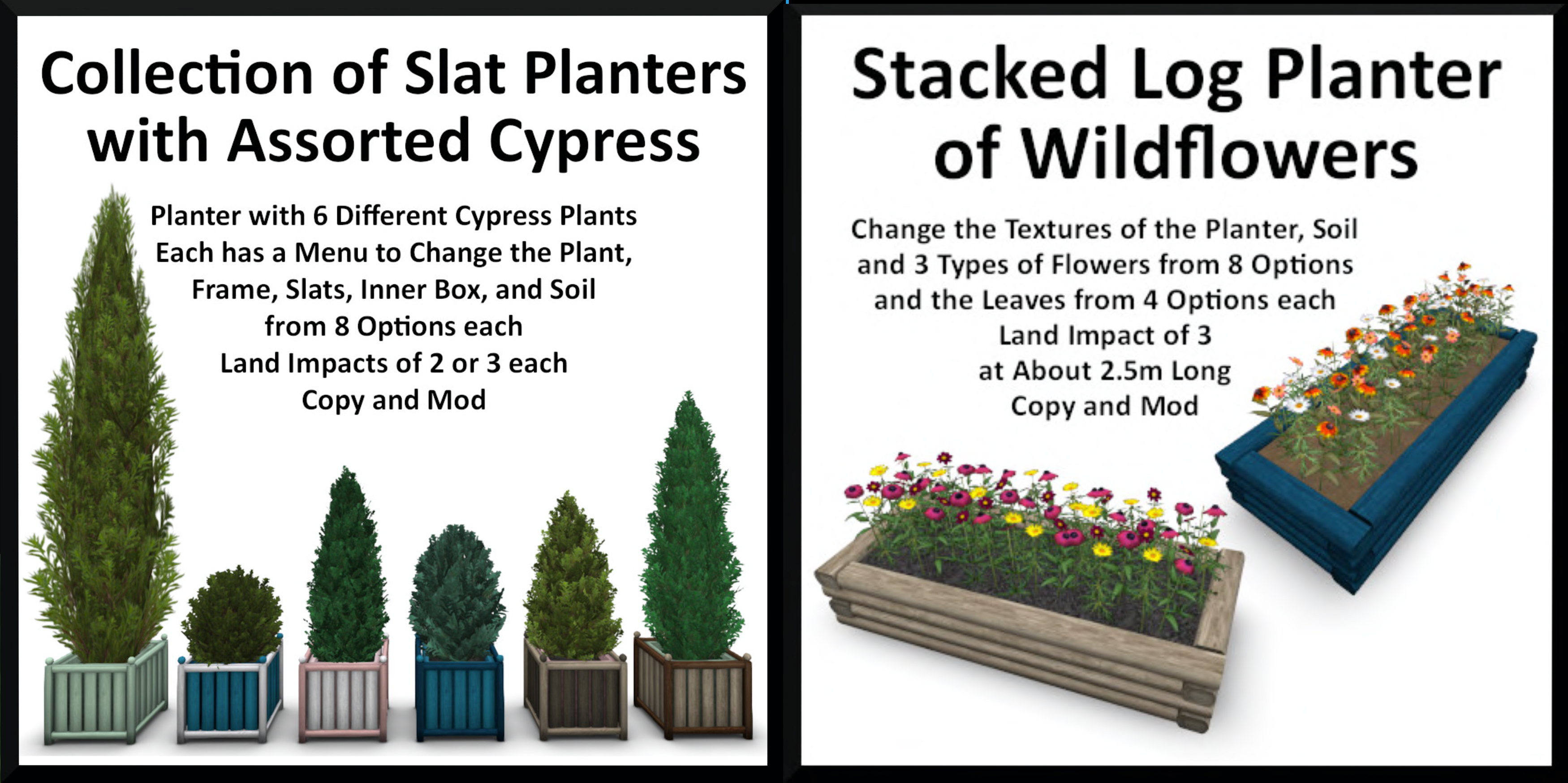 Evergreen – Slat Planters with Cypress & Stacked Log Planters with Wildflowers
