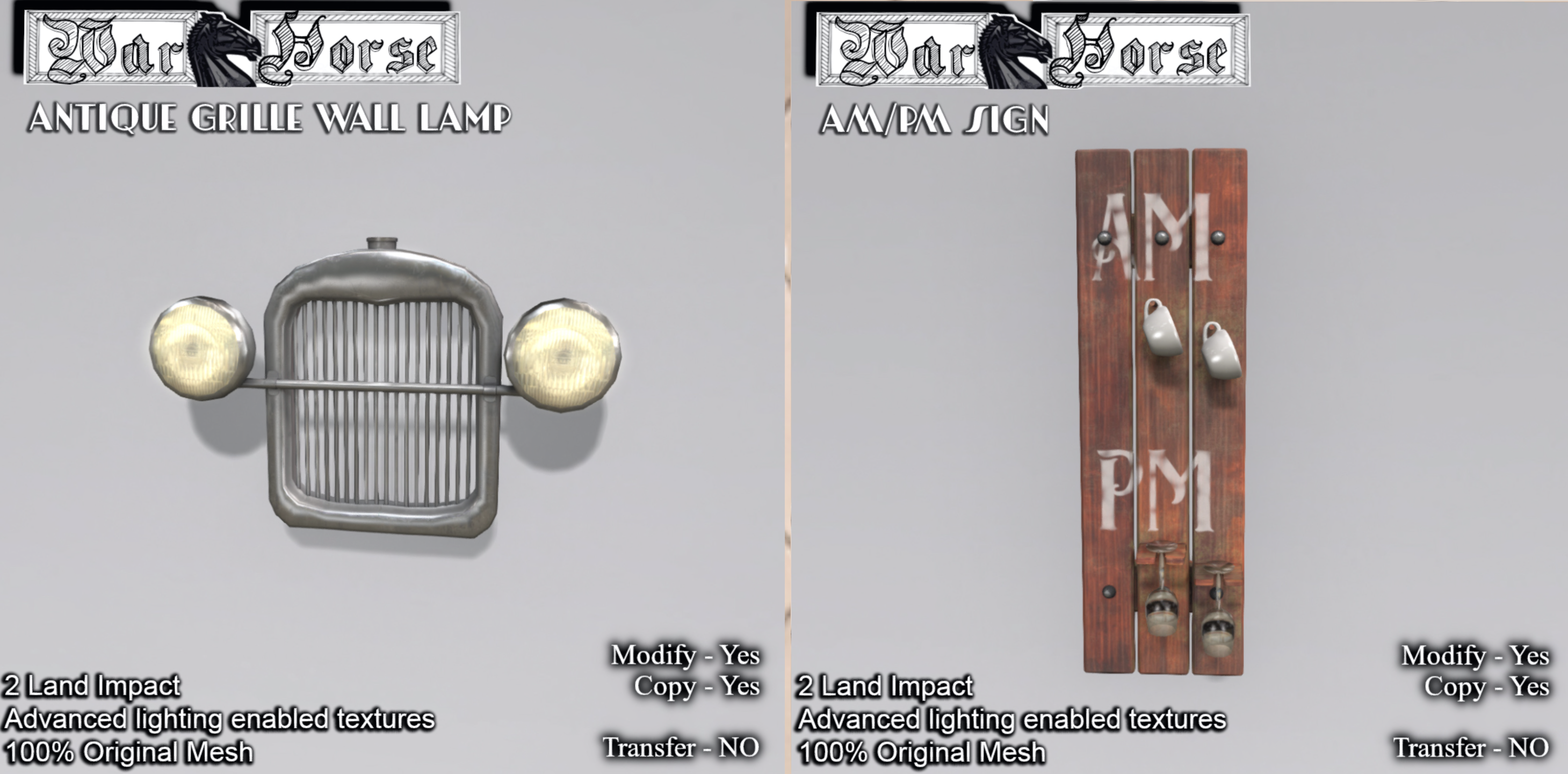 Warhorse – Antique Grille Wall Lamp & AM/PM Sign