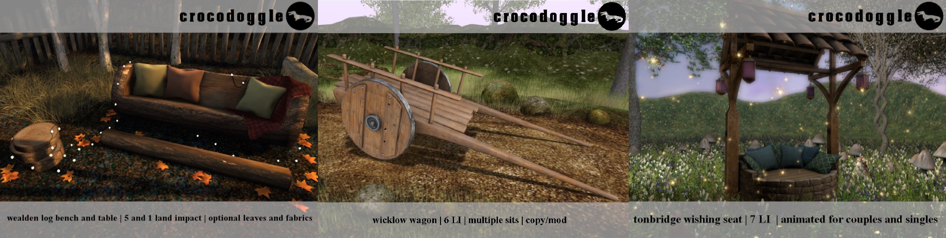 Crocodoggle – Wealden Log Bench and Table, Wicklow Wagon, & Tonbridge Wishing Seat