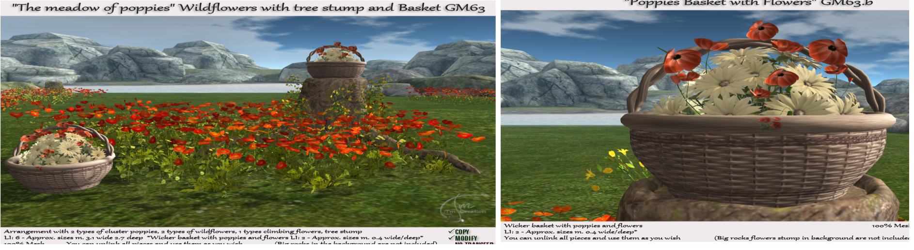 Tm Creations – “The Meadow Of Poppies” Wildflowers With Tree Stump and Basket