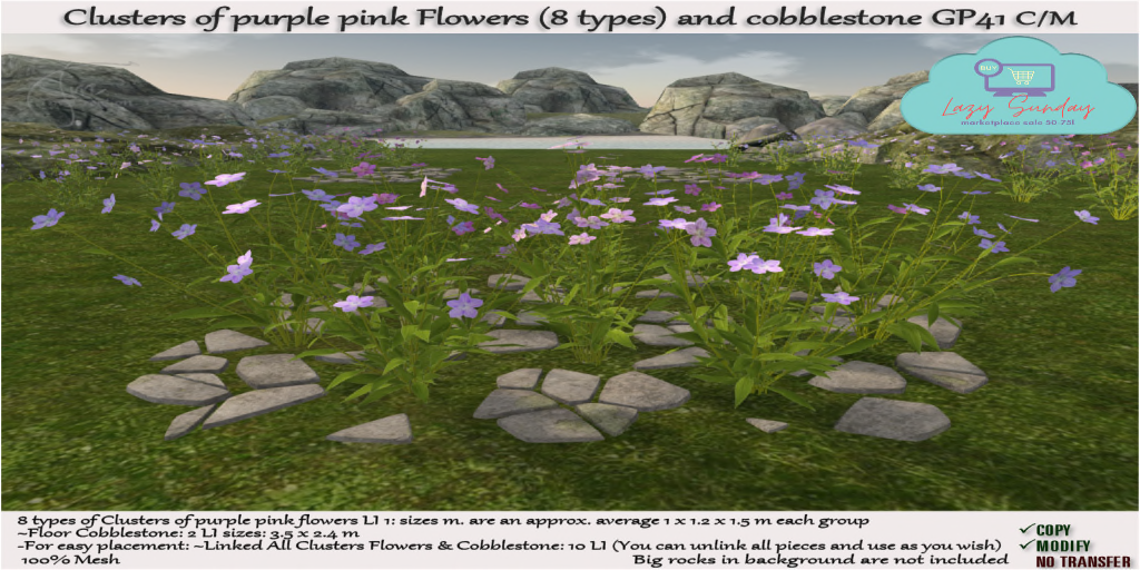 TM Creation – Clusters Of Purple Pink Flowers and Cobblestone