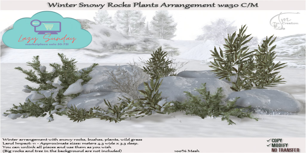 TM CREATION – Winter Snowy Plants Rock Arrangement – LAZY SUNDAY