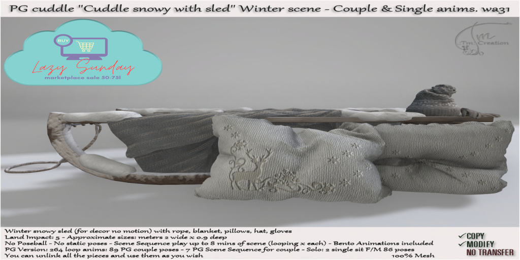 TM CREATION – “Cuddle Snowy with Sled” Winter Scene – LAZY SUNDAY