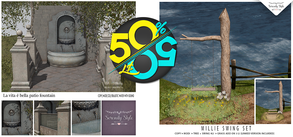 Serenity Style – Vita Bella patio fountain  and Millie swing set