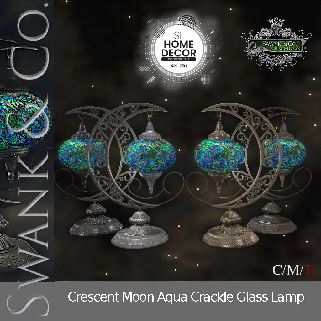 Swank & Co. – Crescent Moon Aqua Crackle Glass Lamp
