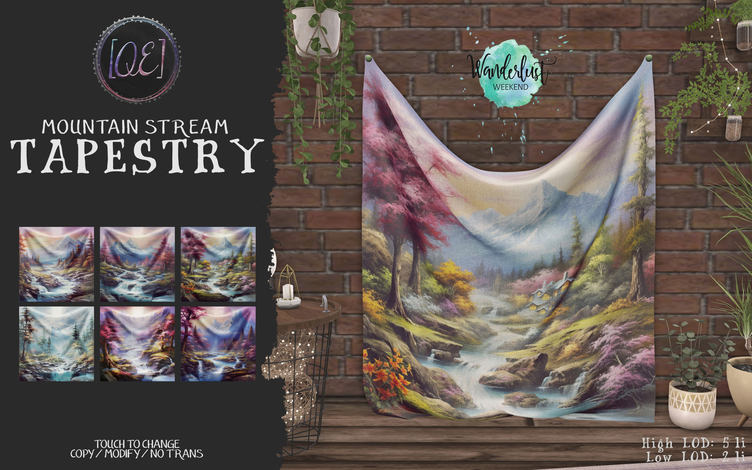 QE Home – Mountain Stream & Tropical Sunset Tapestry